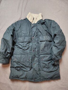Vintage Holt Renfrew Down Field Coat Jacket Green Knit Collar Plaid Lined M